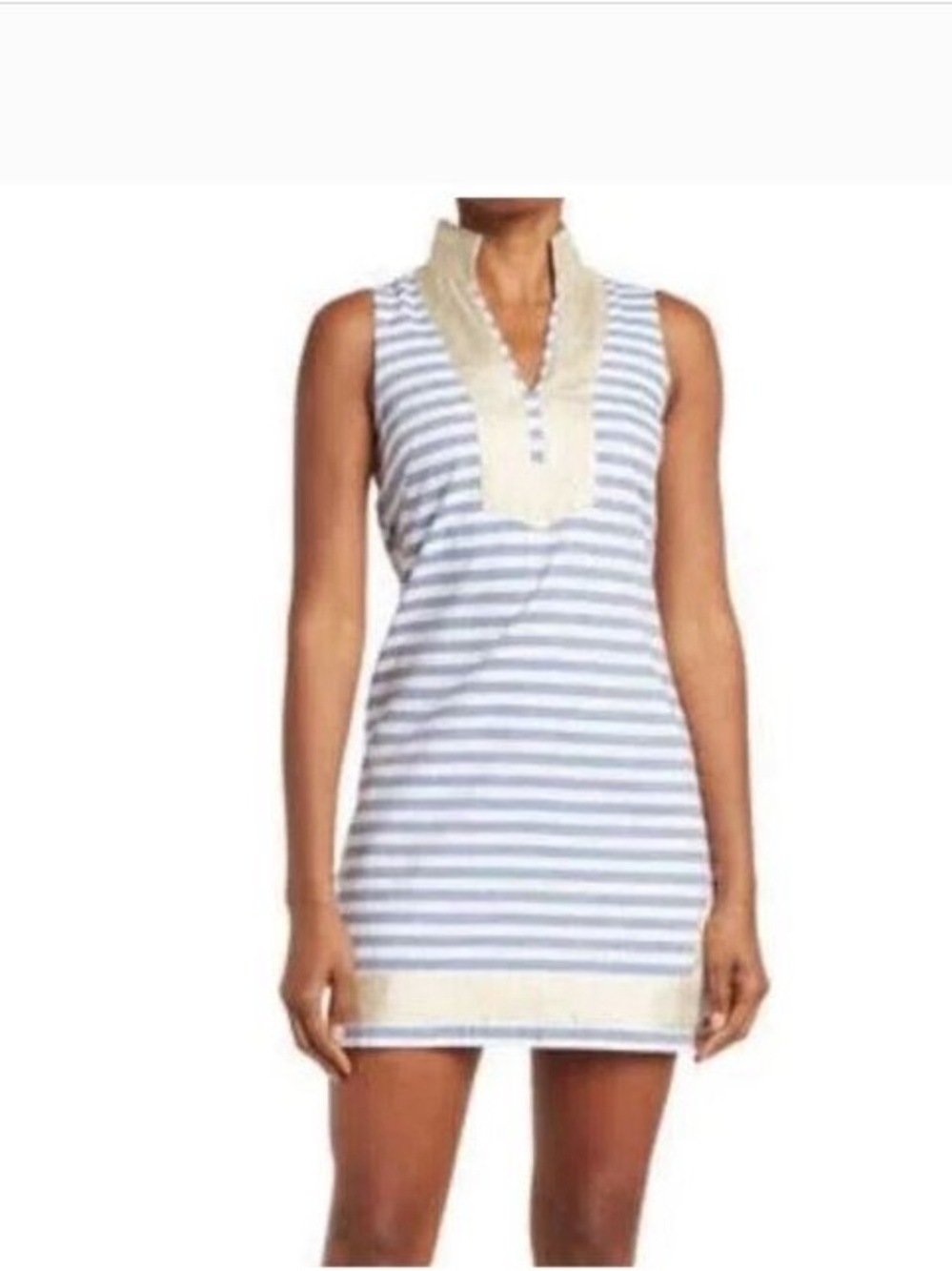 Eliza J Dress Blue & White w/Gold metallic trim Mandarin Collar Shift Dress 4